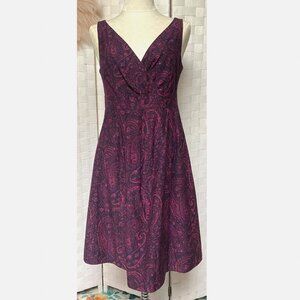 Lands' End Silk Cotton Sleeveless Blend Purple Pink Pleated Paisley Dress Size 8